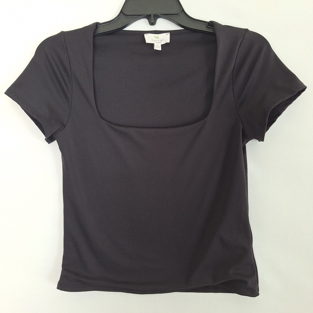 Live in the Moment Womens Black Square Neck Short Sleeve Top Size Medium